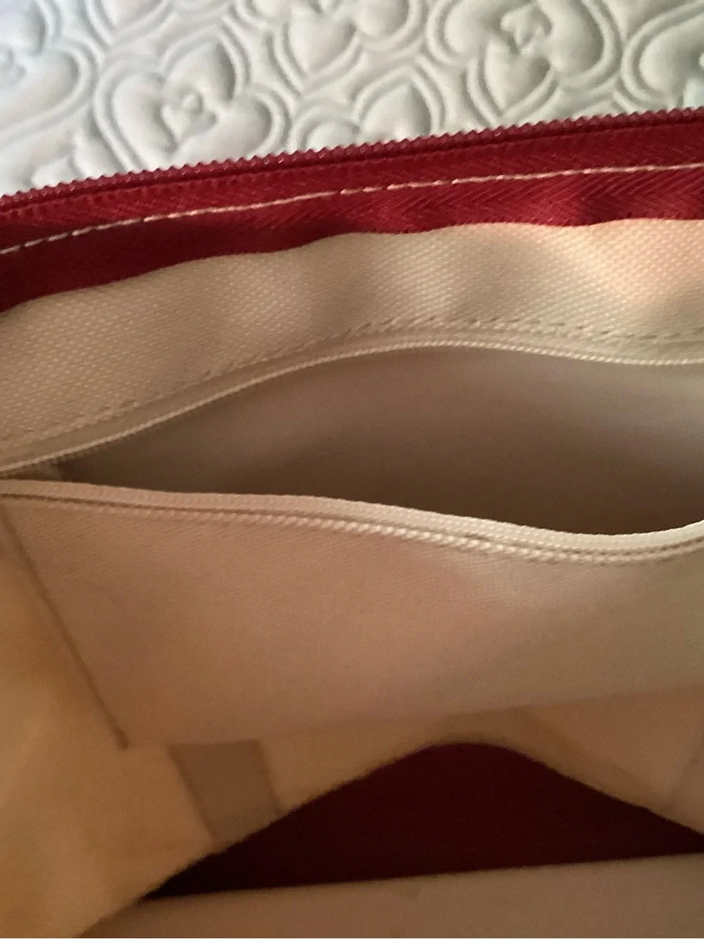 Canvas Tote Bag with red trim , Pink Accent removable heart  and Brown Handles